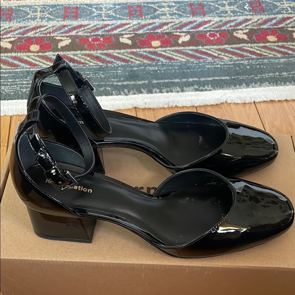Reformation Black Patent Leather Block Heel Sandals